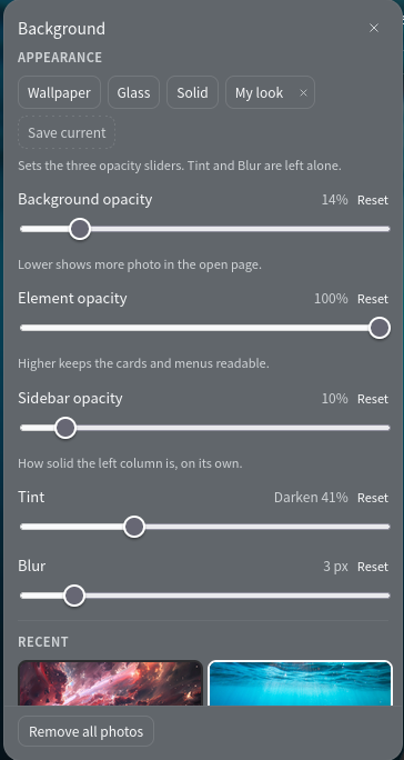 The Background panel, with the preset row, the three opacity sliders, tint and blur, and the photo library